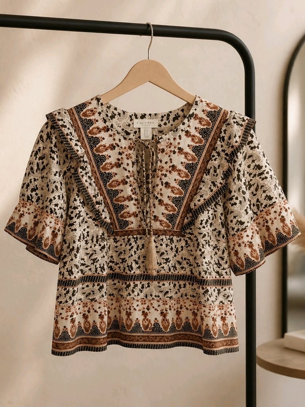Calypso St. Barth Beige and Brown Printed Tie-Front Peasant Blouse